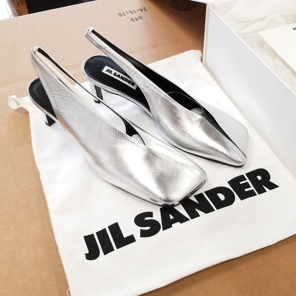 Jil Sander Square-Toe Lame Calf Leather Nikel Pumps Size 39 75mm Heel